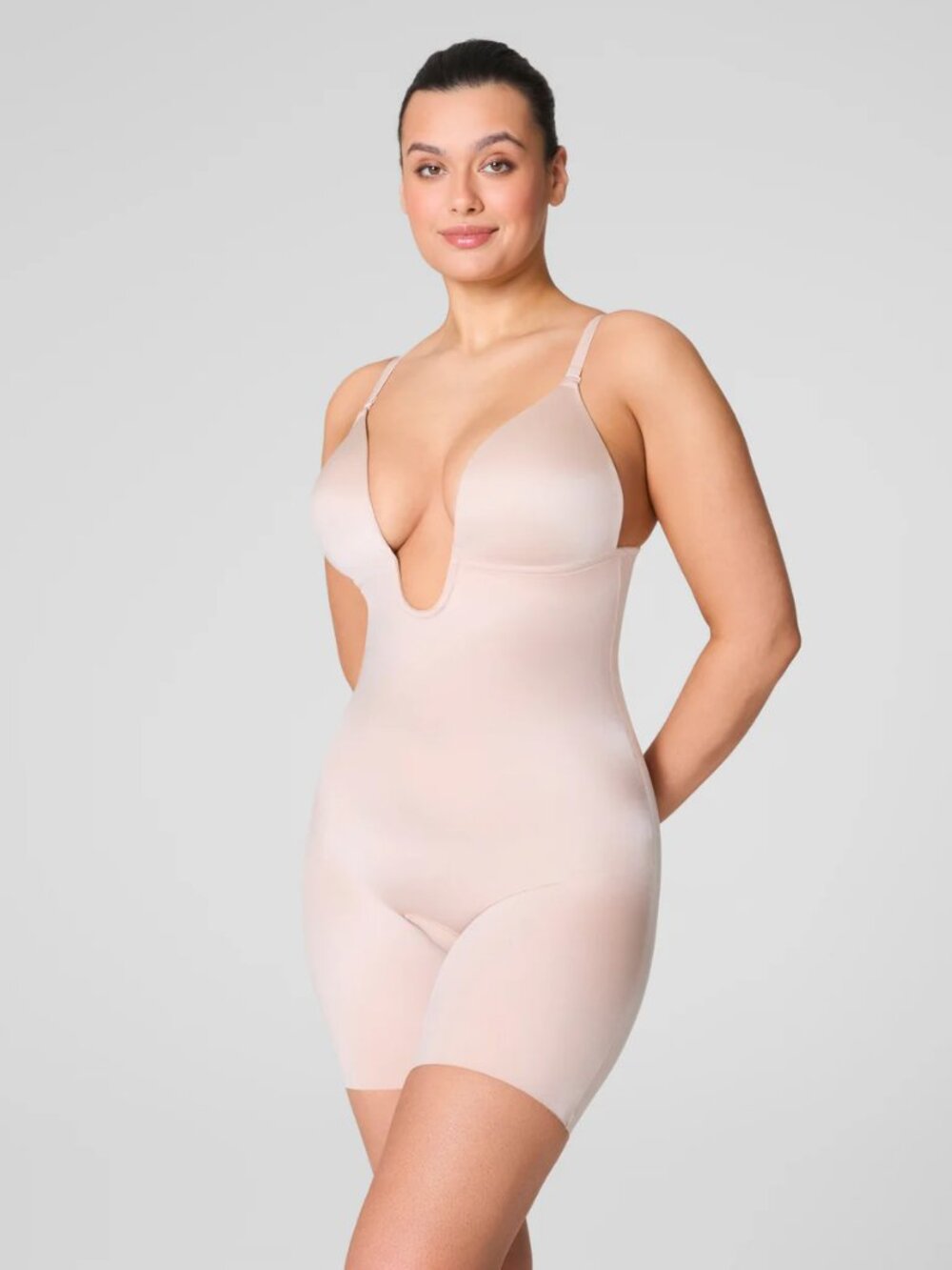 Spanx Suit Your Fancy Plunge Low-Back Mid-Thigh Bodysuit Champagne Beige Large